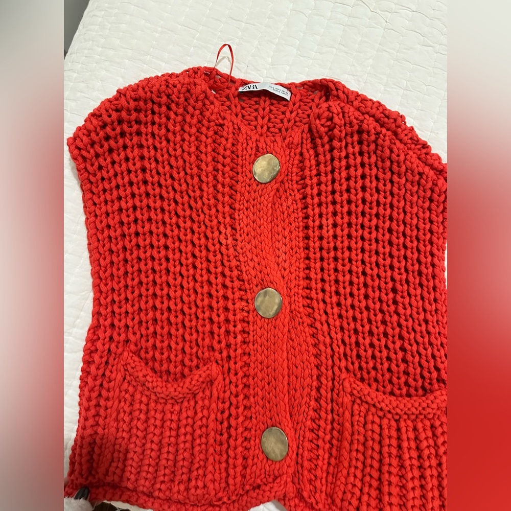 Zara Red Knit Cardigan with Gold Buttons